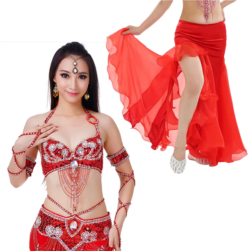 Women Sexy Belly Dance Top Beaded Belt & Skirt 3 Pieces Belly Dance Costume Outfit Set Bra & Belt Female Bollywood Dance Clothe