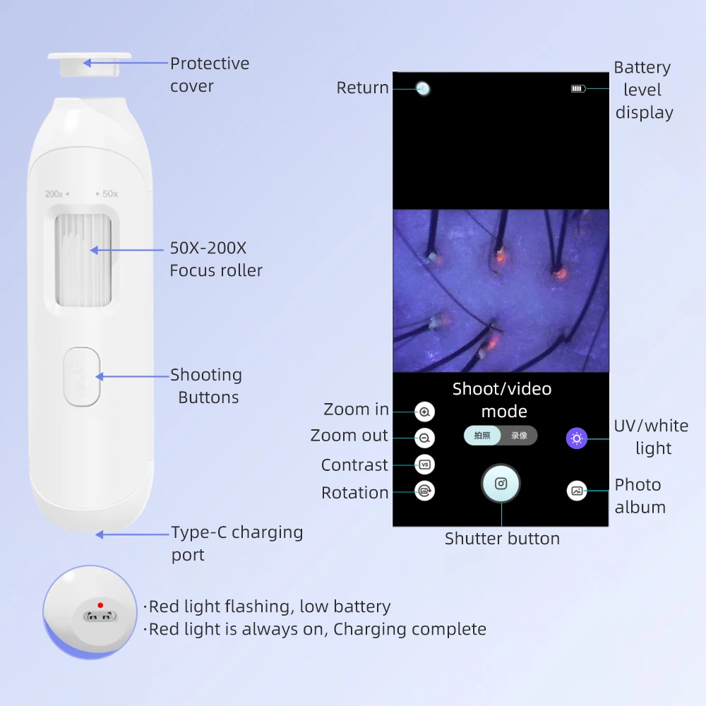 新しい50X-200X毛包頭皮検出器皮膚分析器顕微鏡ツール高解像度皮膚テスターサポートAPPワイヤレス使用