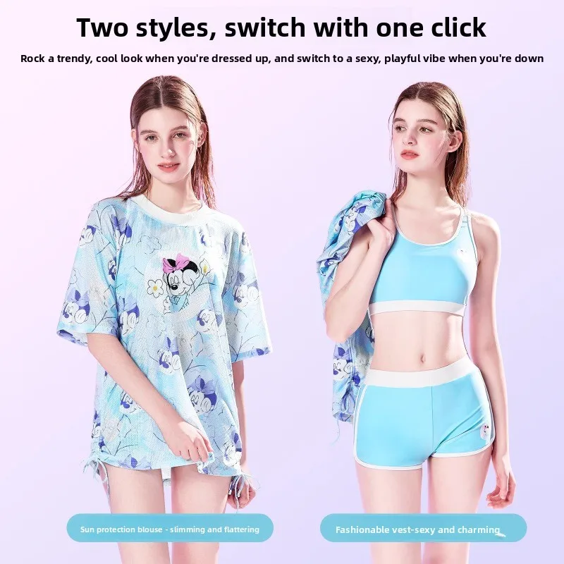 디즈니 커버업 3피스 수영복, 새로운 여성용 2피스 자외선 차단 수영복 해변 및 온천에 적합