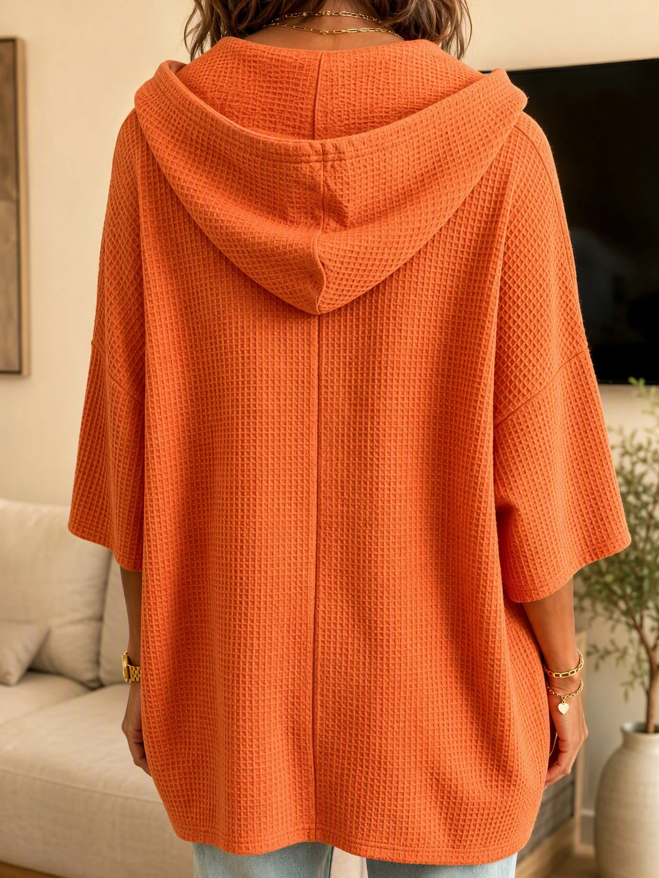 Plus Size Women Solid Waffle Knit Hoodie 3/4 Sleeve Drawstring Loose Casual Oversized Pullover Hooded Top image 2