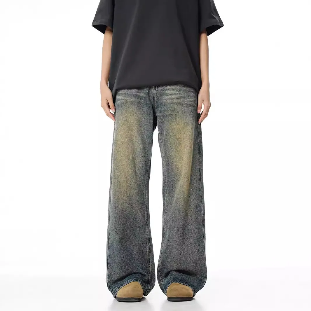 

Мужские прямые джинсы в стиле ретро, осенние новые свободные универсальные широкие брюки длиной до пола, винтажные потертые джинсы