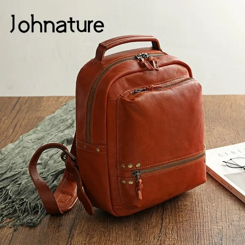 Johnature Leisure Natural Real Cow Leather Women Backpack Travel Bag 2024 New Vintage Large Capacity Cowhide Solid Color Backbag