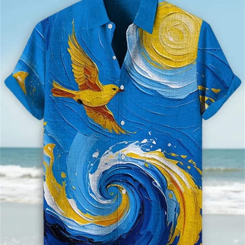 

Men's Hawaiian Shirt Linen Short Sleeve 3D Printed Bird Wave Oil Painting Fashionable Clothing for Social Parties And Weddings