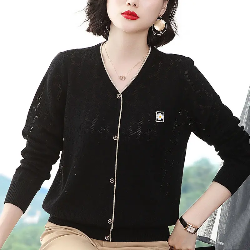 

Spring and Autumn Women's V-neck Loose Fashion Sweater Long Sleeve Knitted Button Solid Elegant Commuter Cardigan Embroidery Top