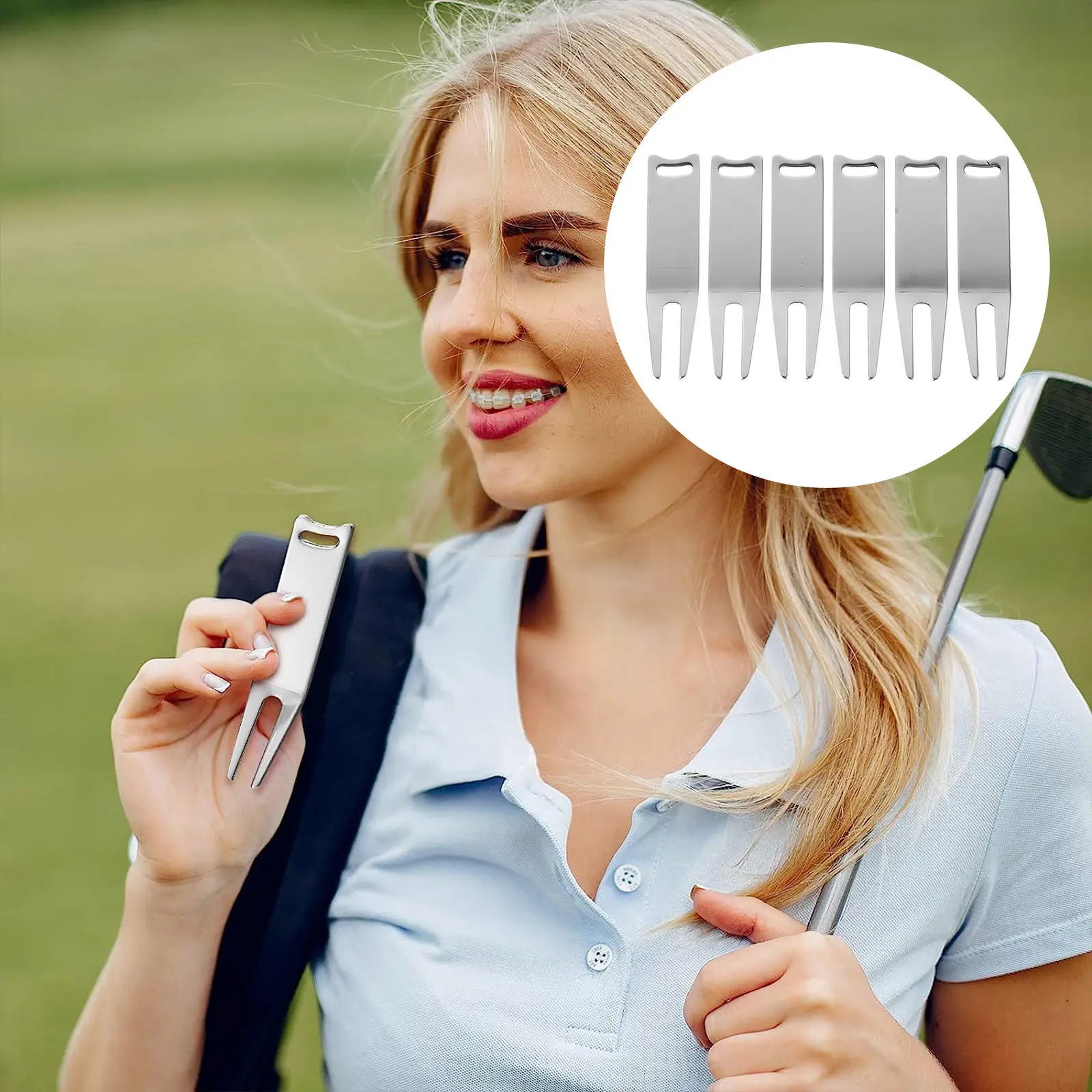 

6Pcs Professional Golf Divot Repair Tools Metal Compact Ball Marker Portable Golf Divot Fork Grass Repair Portable Golfing Tool