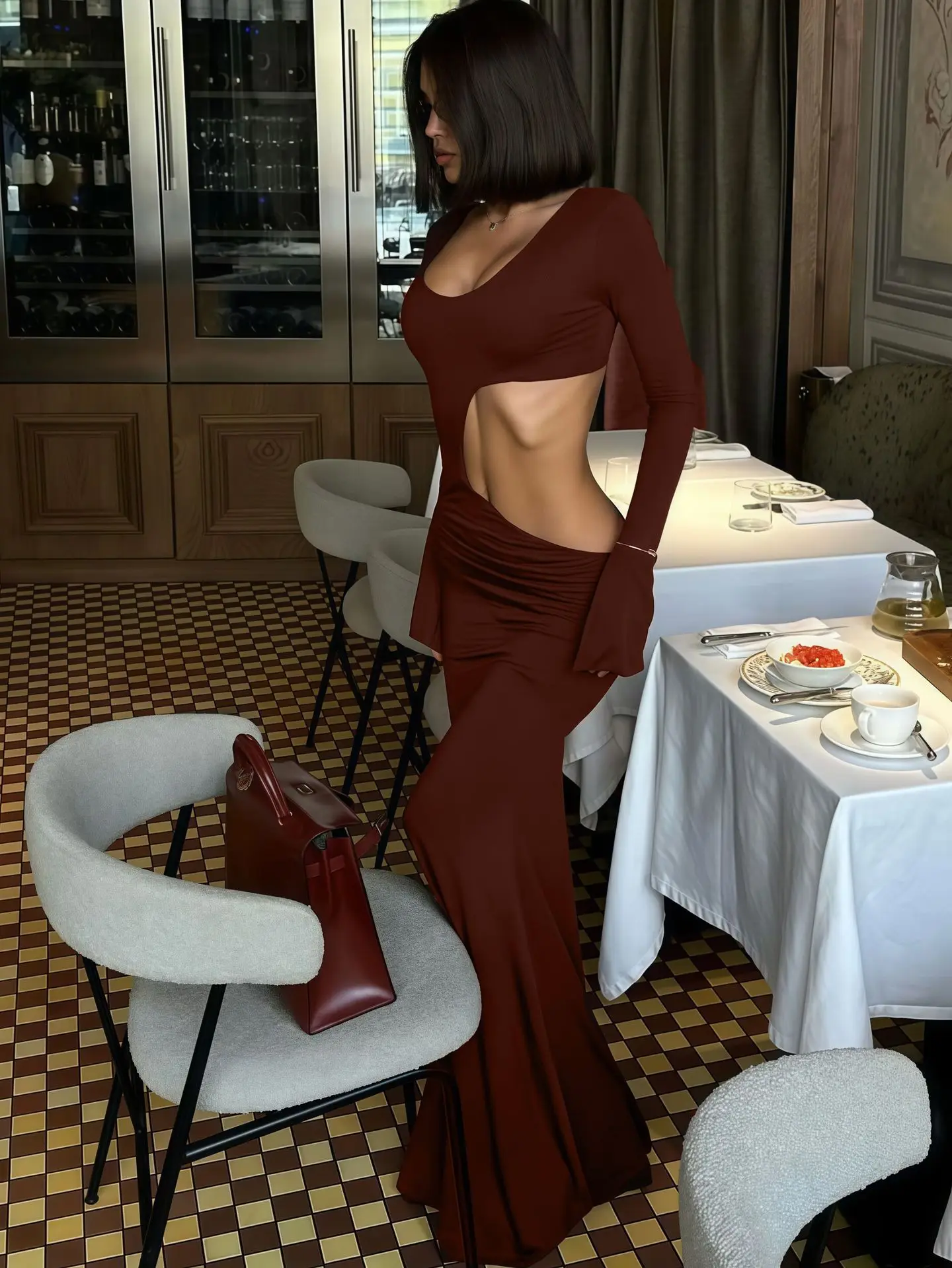 DSMTRC Unregelmäßige Braun Solide Chic Bodycon Herbst Flare Volle Hülse Schlank Cut Out Langes Kleid für Frauen Elegante Hohl Mode Robe