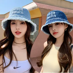 Women's Vintage Raw-edged Pot Hat Spring Autumn Fashion New Sunscreen Denim Burr Letter Bucket Hat Summer Sunshade Bucket Hat