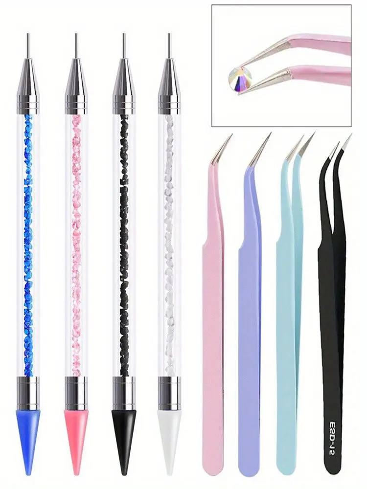 2Pcs set of manicure double-ended diamond pens with diamond-encrusted crayons with stainless steel tweezers nail art grafting