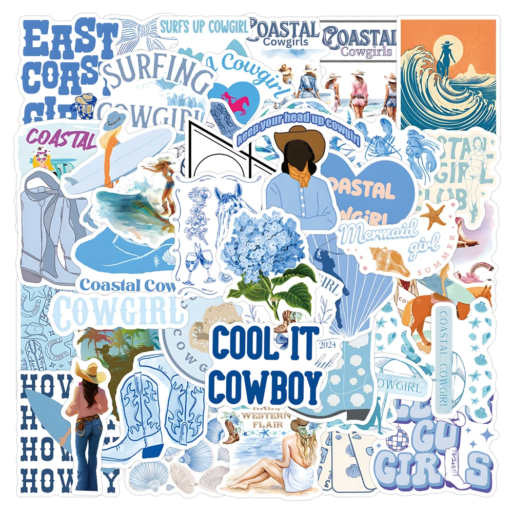 

10/30/55pcs Ins Sytle Cute Blue Coastal Cowgirl Stickers Cartoon Aesthetic Sticker DIY Luggage Phone Laptop Graffiti Decals Pack