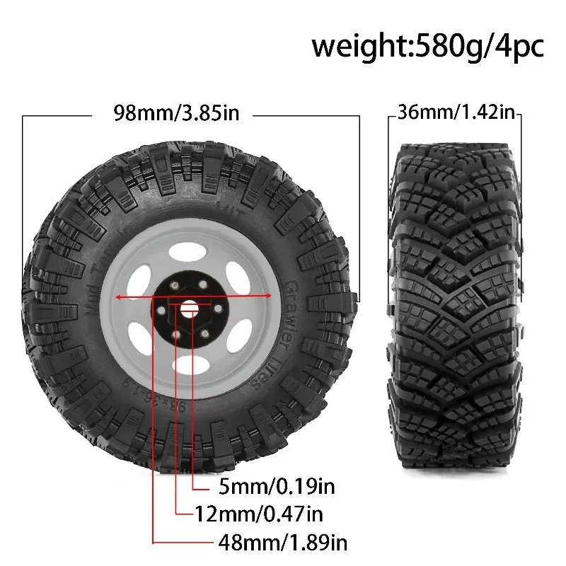 

RC Car 4pcs 98mm 1.9" Metal Beadlock Wheel Rim Rubber Tire Set for 1/10 RC Crawler Trxs TRX4 RC4WD D90 D110 Axial SCX10 MST