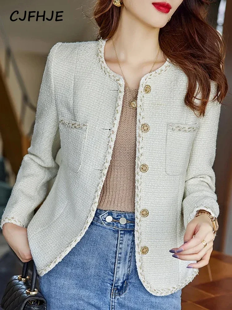 CJFHJE Ivory Fashion Metal Buttons Tweed Coats Women Vintage Long Sleeve Pockets Female Outerwear Black O-neck Elegant Blazers