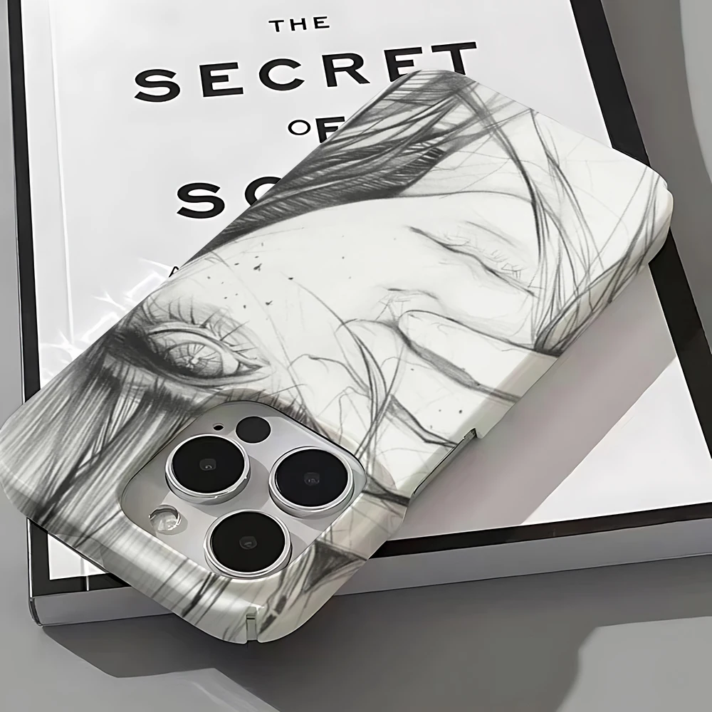 INS Sketch art girl covering her eyes Phone Case for iPhone 17 16 15 14 13 12 11 Air Pro Max 7 8 Plus Glossy Film Hard PC Cover