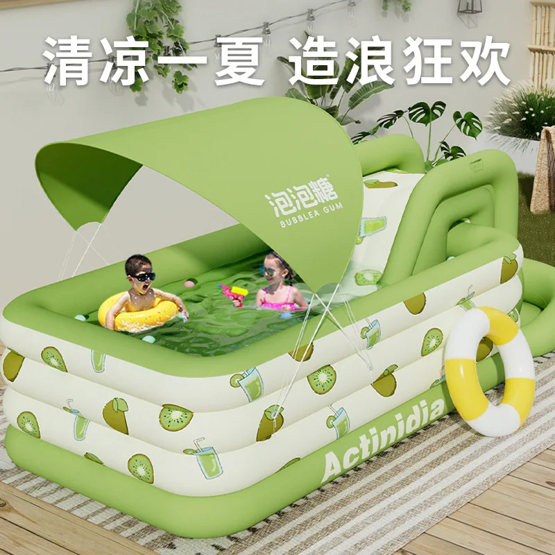 4-lagiger aufblasbarer Kinderpool mit Rutsche und Sonnenschirm, Wasserspielspielzeug für zu Hause