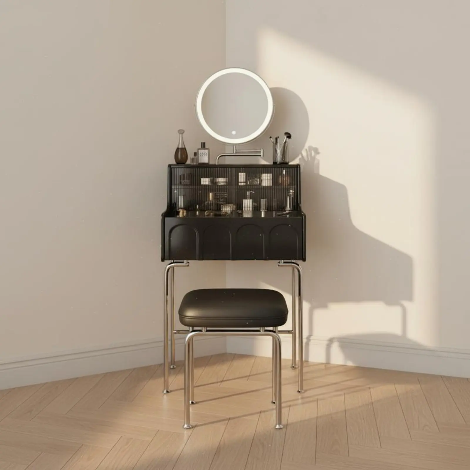 Retro Dressing Table with Stool Sturdy Wood Wooden Makeup Vanity with Drawers Modern Vanity Desk with Illuminated Mirror
