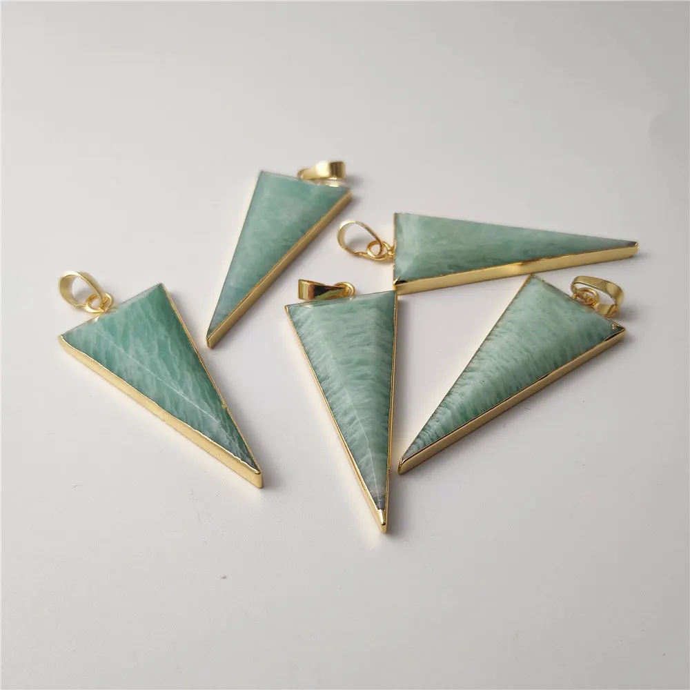 

FUWO Wholesale Natural Amazonite Pendant,Golden Plated Long Triangle Semiprecious Gems Accessories For Jewelry Making PD428 5Pcs