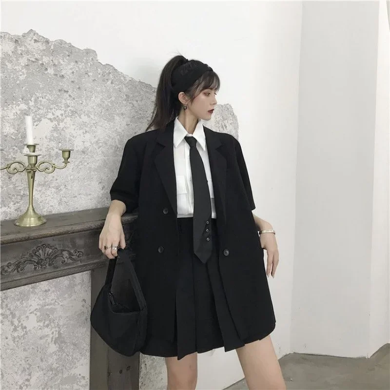 Summer Thin BF Ins Black Blazer Women Preppy Style High Street Vintage Notched All-match Simple Lady New Coats Korean Version