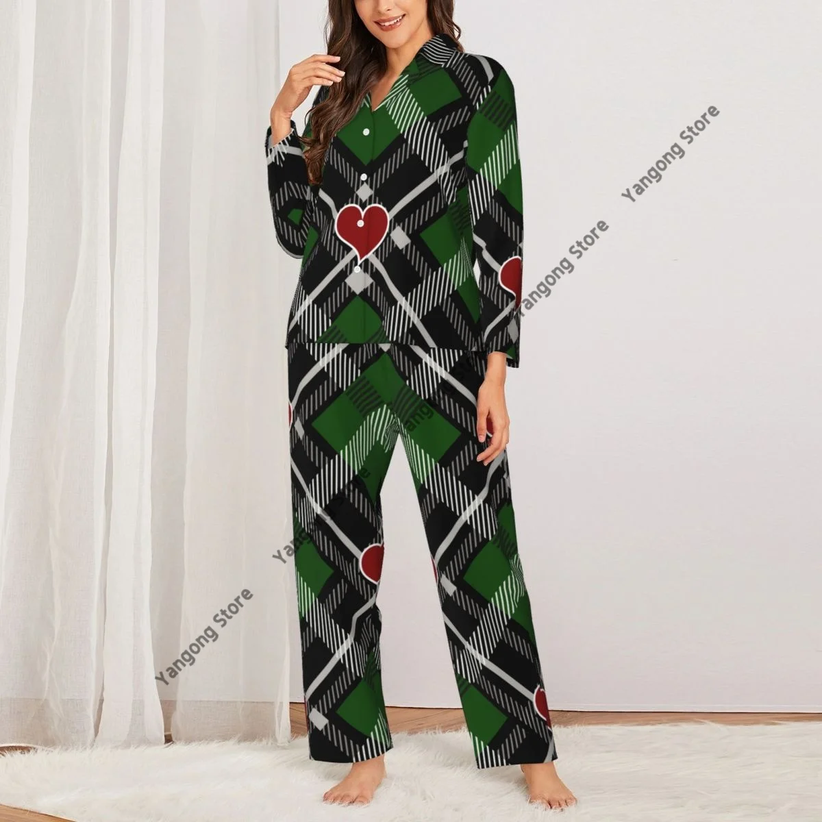 Spring and Autumn Pajama Set Women's Long Sleeve Pants Two Piece Tartan Buffalo Check Plaid With Red Hearts Home Furnishing Set