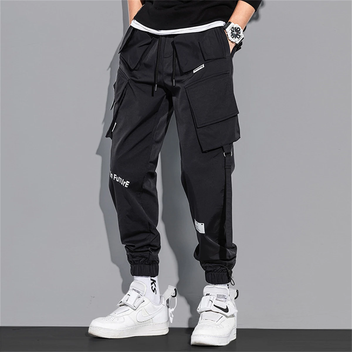 

Popular Men Brand Laser Cargo Pants Casual Hip Hop Multiple Pockets Trousers Streetwear Ribbons Techwear Sweatpants Boys