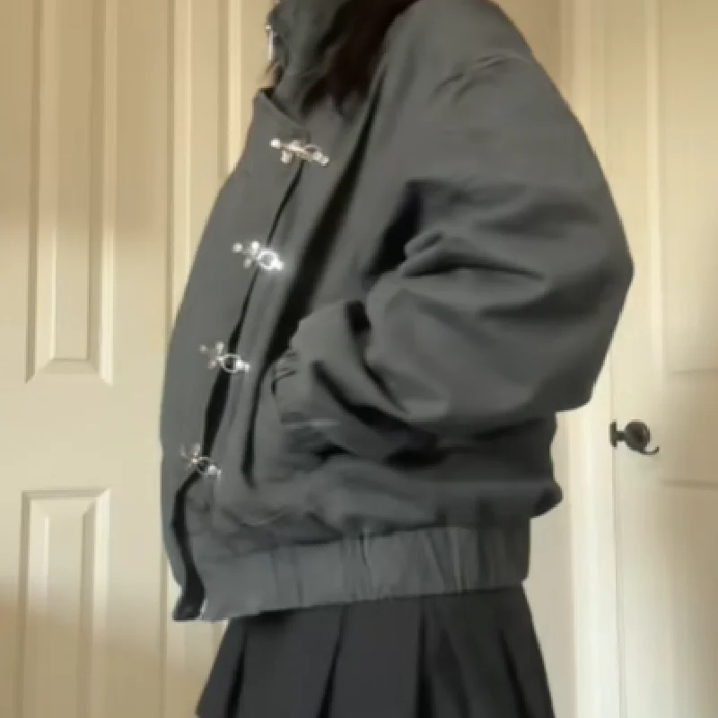 

Women' S Vintage High Neck Jacket Metal Buckle Zipper Loose Coat Full Sleeve Outwears 2025 New Lady Fall Winter Streetwears