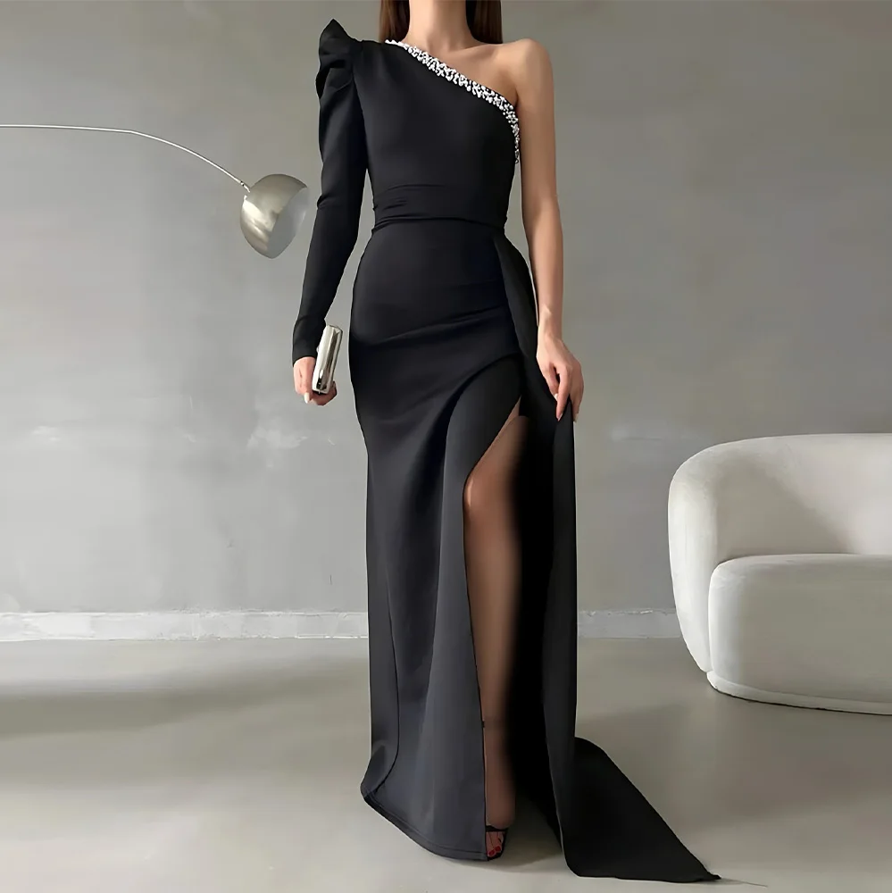 

Straight Front Slit One Shoulder Jersey Long Sleeves Photo Color Elegant and Fashion Evening Dresses Panel Train Crystal Pleats