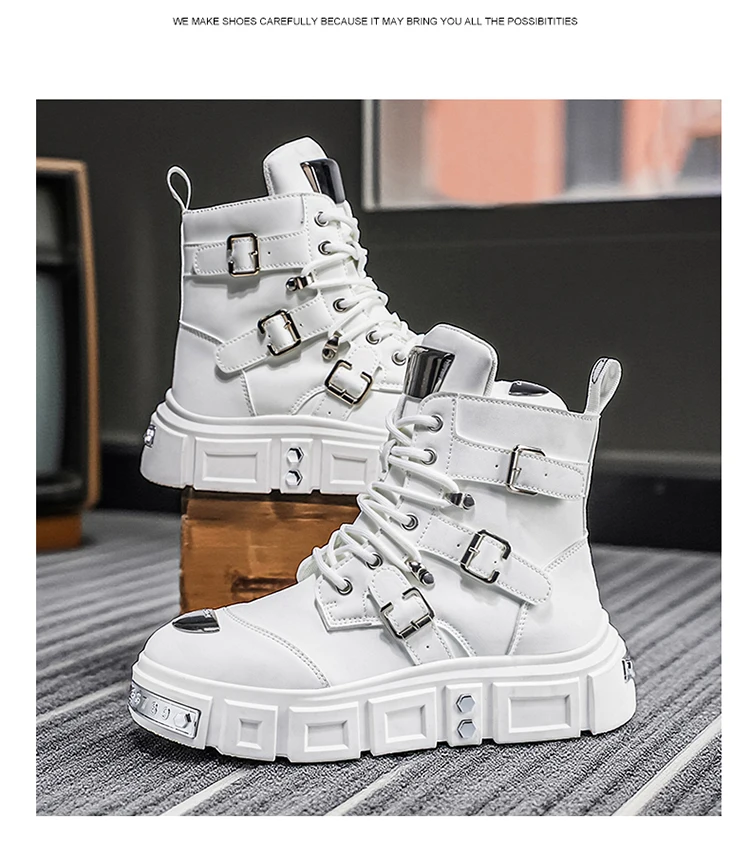 Herren-Streetwear-Stiefel in Uni-Farbe, High-Top, mit Metallschnalle, im Punk-Stil, Motorradstiefel – Detail 12