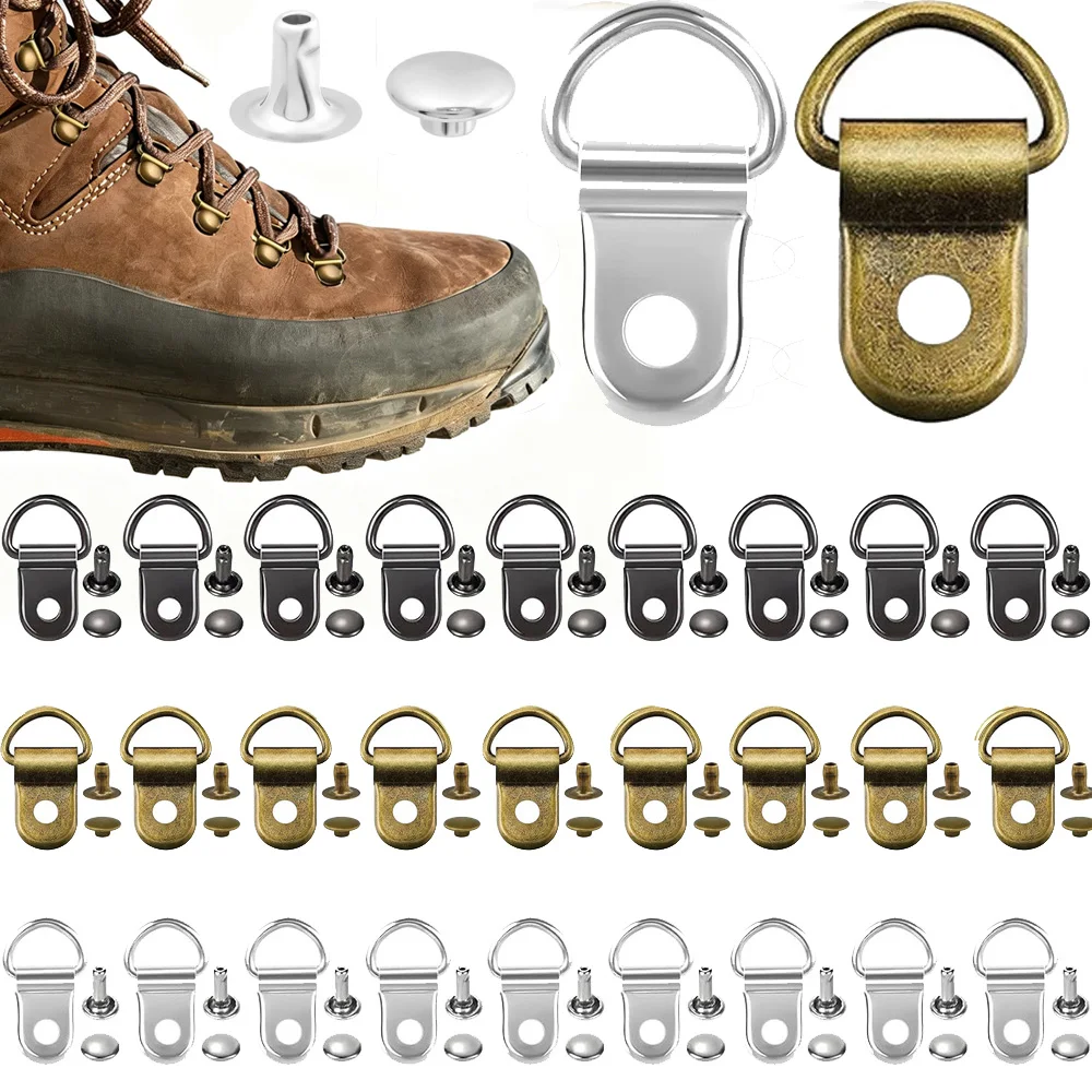 20-40Sets Shoe Lace Hooks Shoe Boot Lace Hooks Loop Ring with Rivets Shoe Boot Buckle D Ring Eyelet Metal Repair Accessories