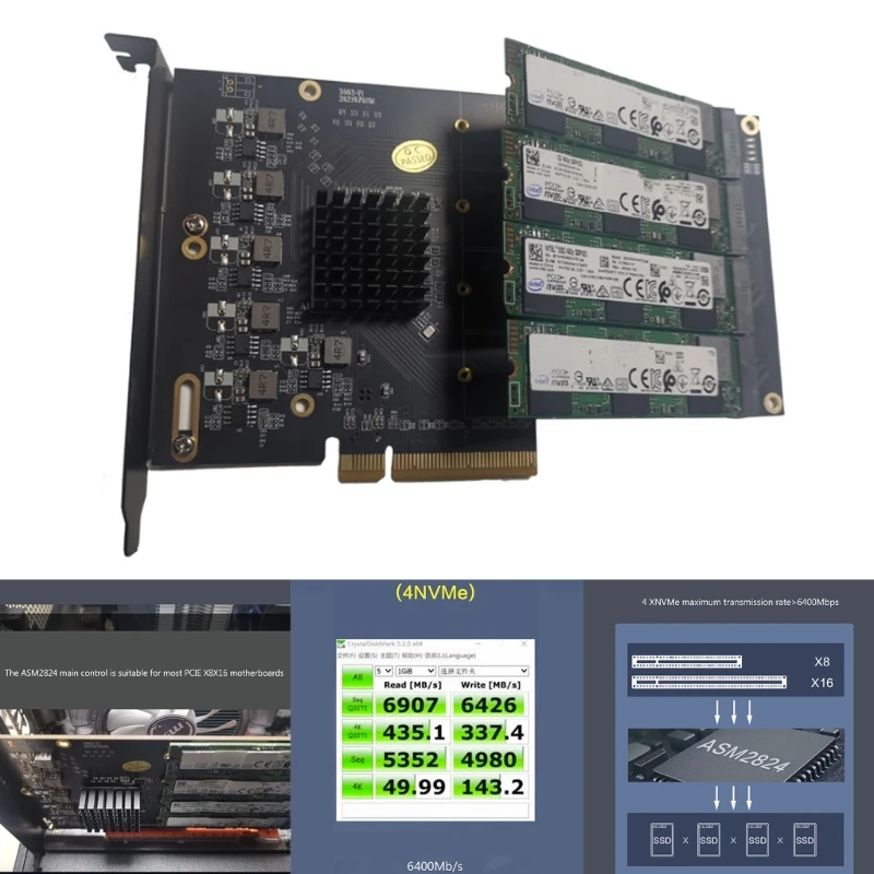 Pcie4.0 x16 to .2 M-Key NVME 4 SSD Expansion Card Supports 4 NVMe .2 2280 up to 64Gbps .2 2280 SSD Adapter Card Dropship