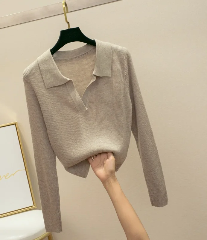 2023 Autumn and Winter Polo Knitwear Women's Long Sleeve Slim Fit Underlay Sweater Solid Color Bottom Top Pullover Thin Style