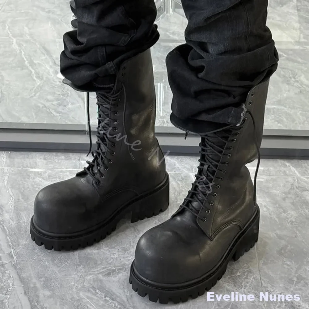 Big Head High-Top Riding Boots Men Platform Height Increase Cross Tied Mid Calf Boots Autumn Chunky Heel Black Leather Boots