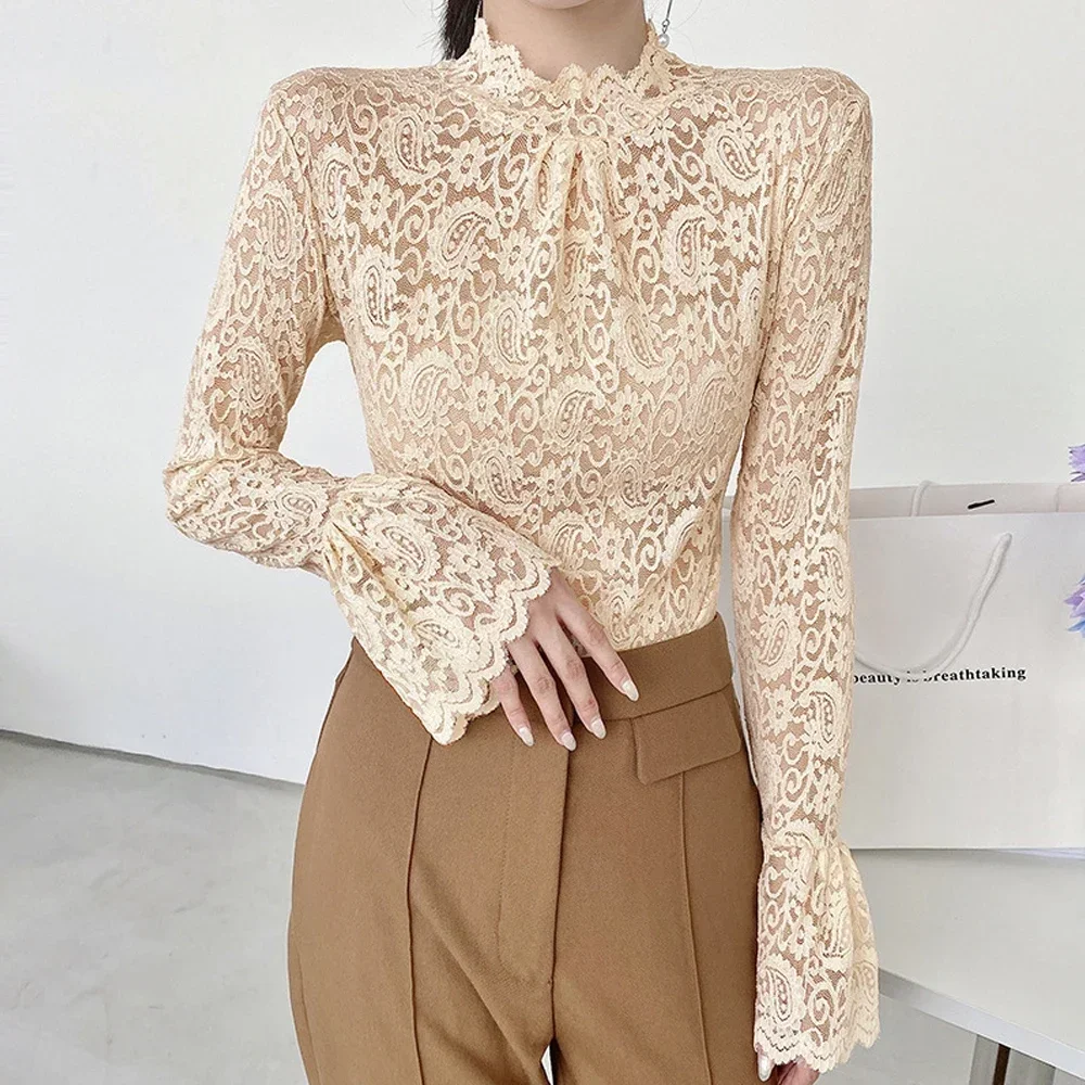 Elegant Turtleneck Ruffles Hollow Out Lace Blouse Women Clothing Paisley Lace T Shirts Pullovers Flare Sleeve Office Lady Top