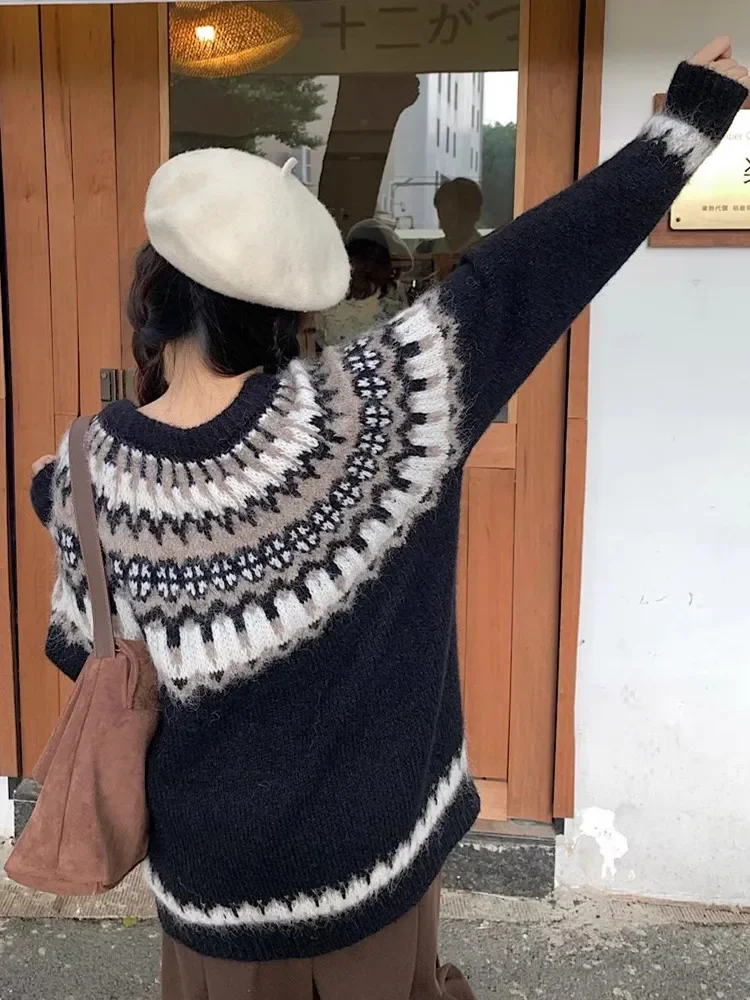 112cm Biust Jesień Zima Kardigany Dla Kobiet Fair Isle Vintage Nordic Dzianina Gruba Ciepła Wełna Pullover Swetry Dla Dziewczynek