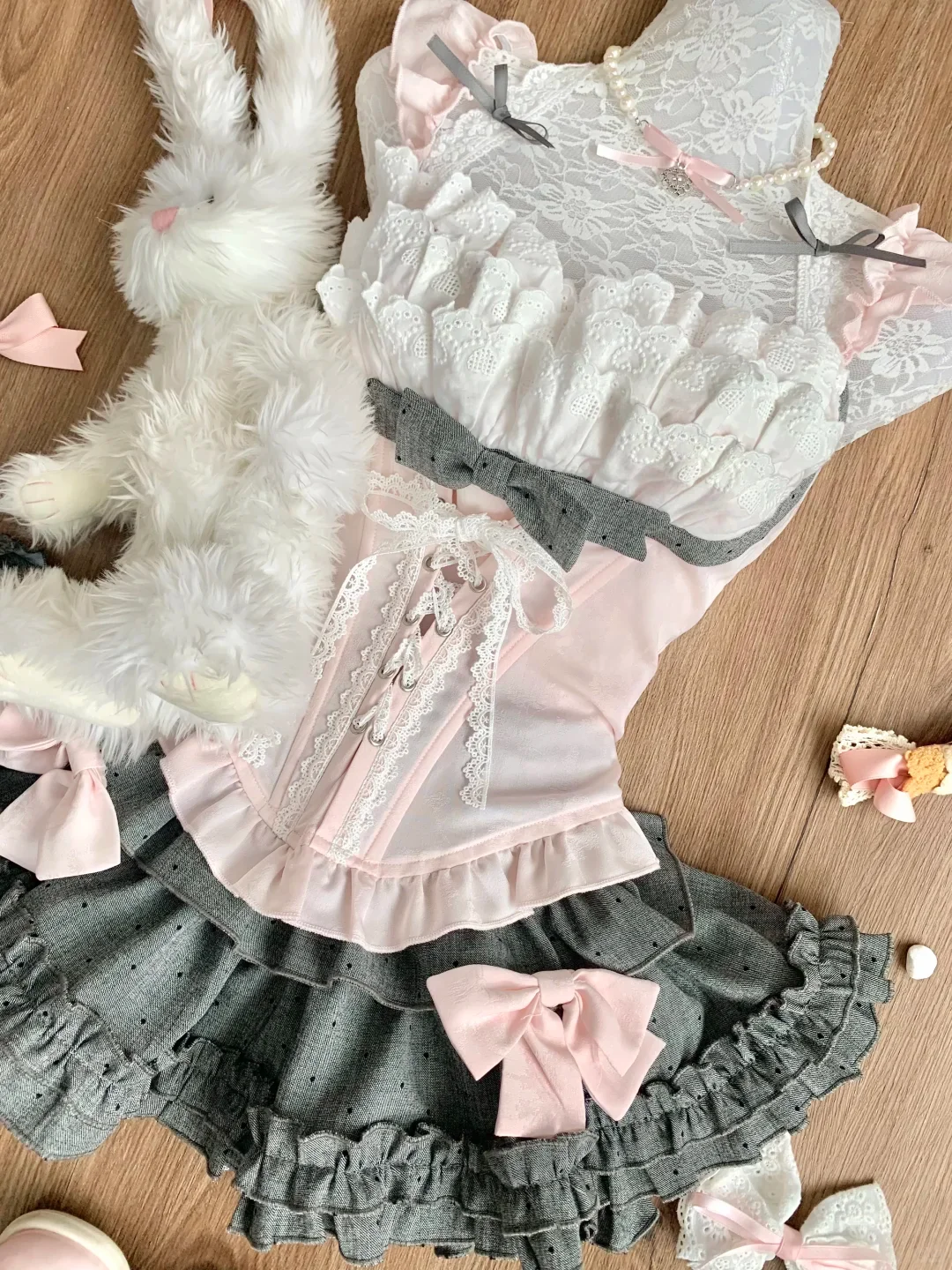 Sweet Lolita Japanese Kawaii Black White 2 Piece Set Off Shoulder Lace Ruffle Bow Corset Mini Skirt Women Cosplay Party Outfits view 3
