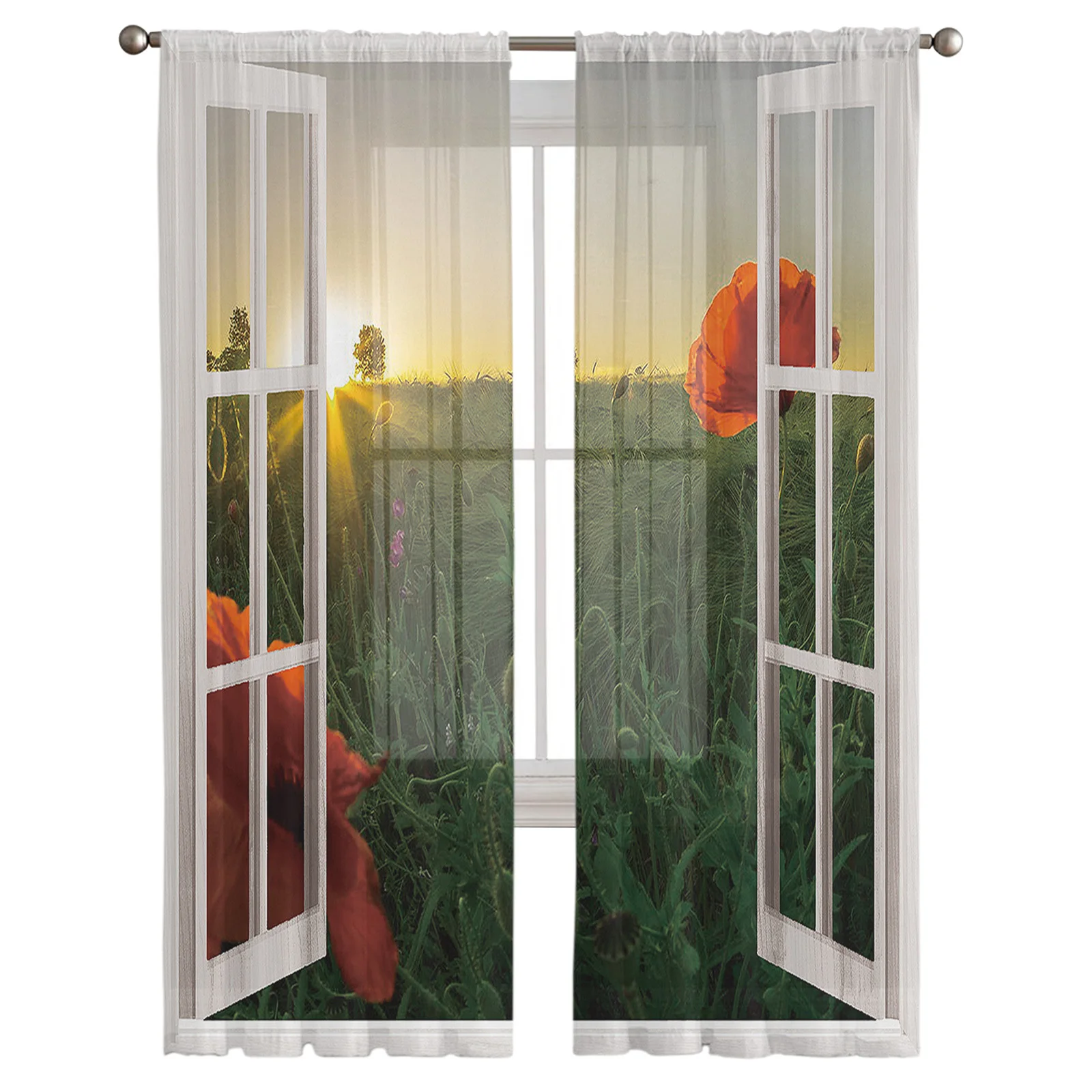 Creative Window View Sunlight Grass Red Flowers Sheer Curtains for Living Room Bedroom Window Treatment Kitchen Chiffon Curtain