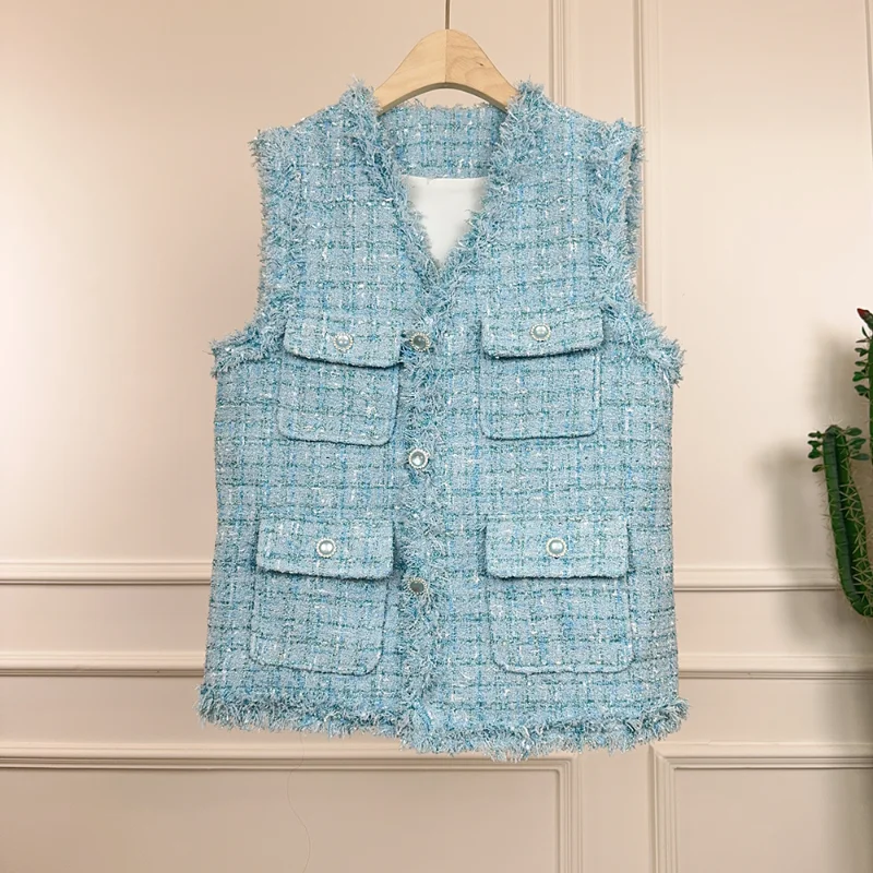 New Small Fragrance Style V-neck Tassel Blue Sleeveless Jacket Women Fashion Loose Casual Tweed French Light Luxury Vest Coat