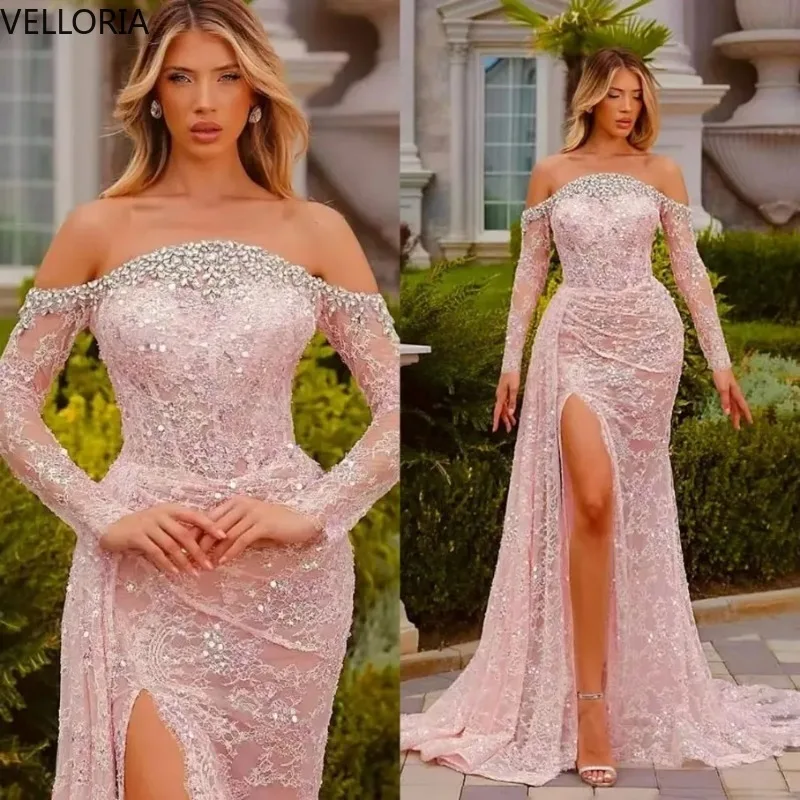 

Розовое кружевное вечернее платье русалки с длинным рукавом и аппликацией из бисера, вечернее платье, женское бальное платье, Vestdos De Fiesta, по индивидуальному заказу