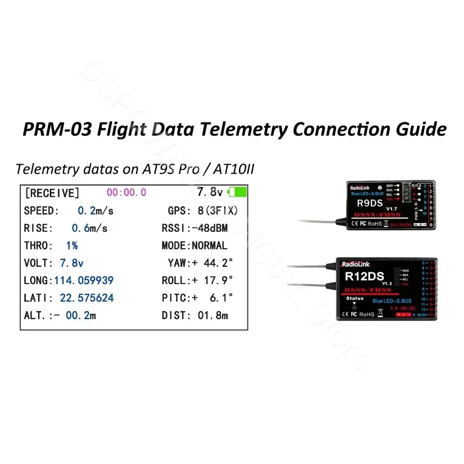 ใหม่ล่าสุด Radiolink PRM-03 OSD Telemetry Sensor สุทธิเที่ยวบินข้อมูลโมดูลสําหรับ AT9 AT9S AT9S Pro AT10 AT10II เครื่องส่งสัญญาณ