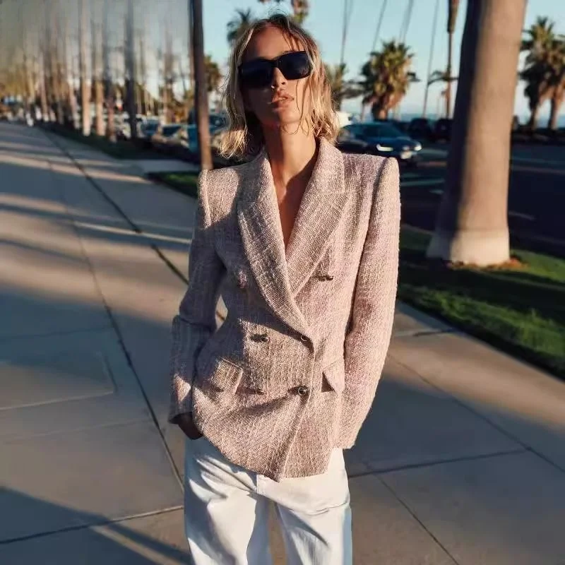 

Fall Winter New Arrival Women's Texture Double Buttoned Lapel Suit Jaet Original Design Slim Fit Long Sve Plaid Pattern