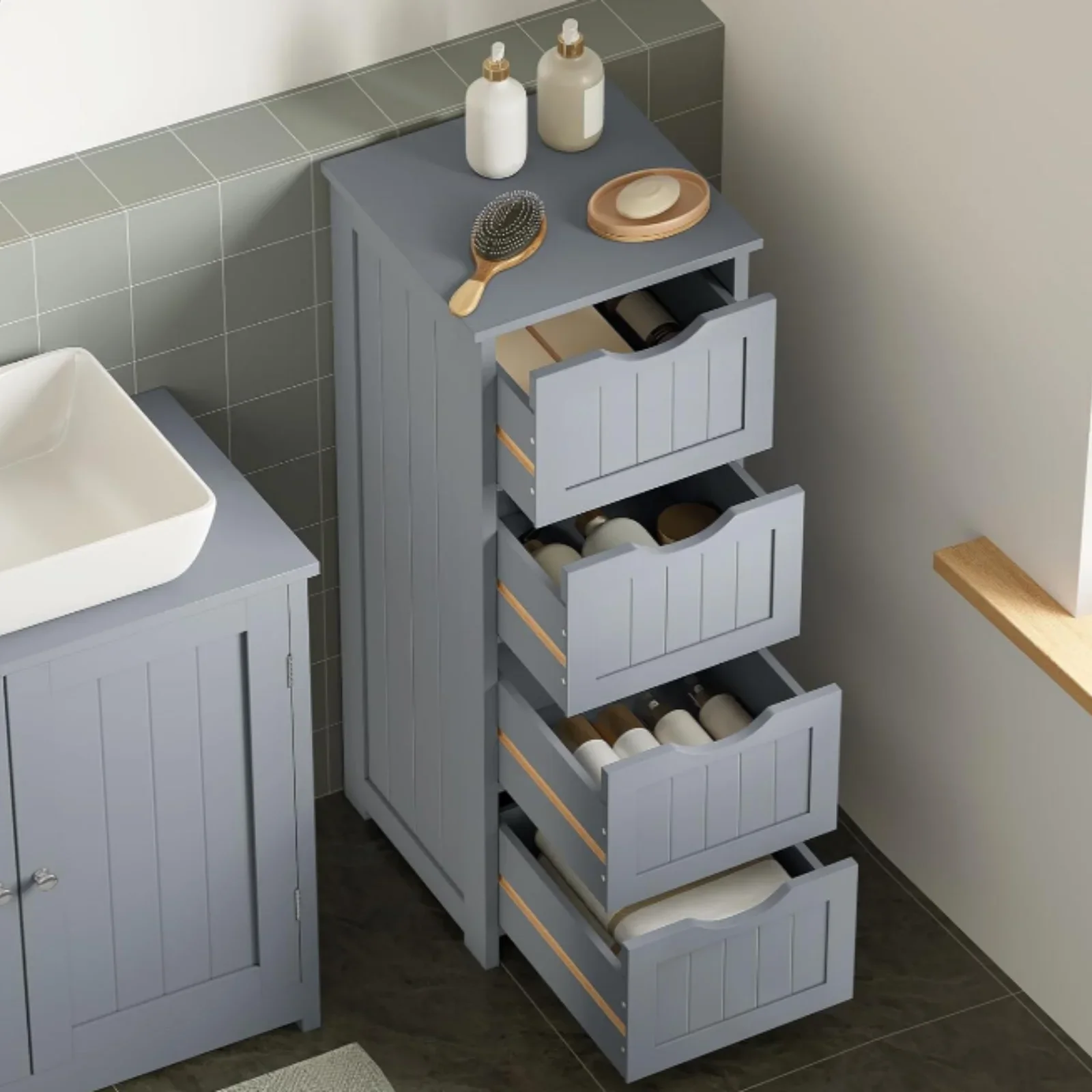 WOLTU Badezimmerschrank aus Holz, 30 x 82 x 30 cm, freistehender schmaler Toiletten-Aufbewahrungsschrank mit 4 Schubladen für Badezimmer und Wohnzimmer