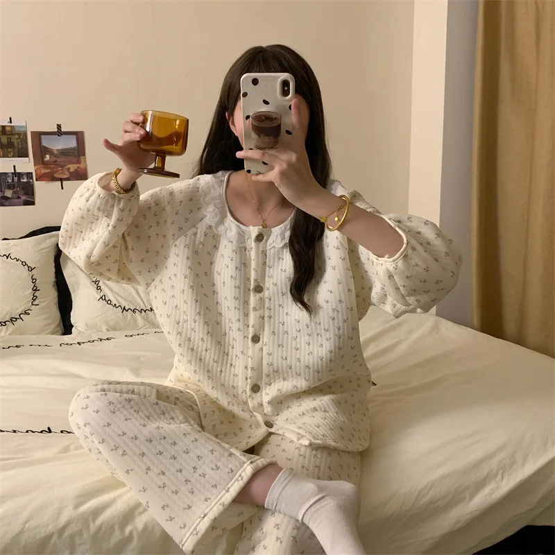 Damespyjama Bloemenvest Verdikt Meisje Homewear Herfst Winter Loungewear Abrikoos Luchtkatoen Ronde hals Nieuwe huiskleding