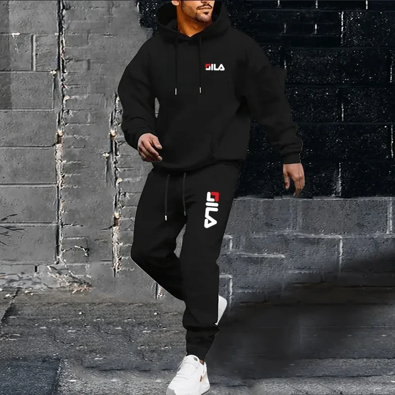 2025 hommes marque pull à capuche + taille élastique pantalon printemps et automne loisirs de plein air Jogging Fitness deux pièces ensemble