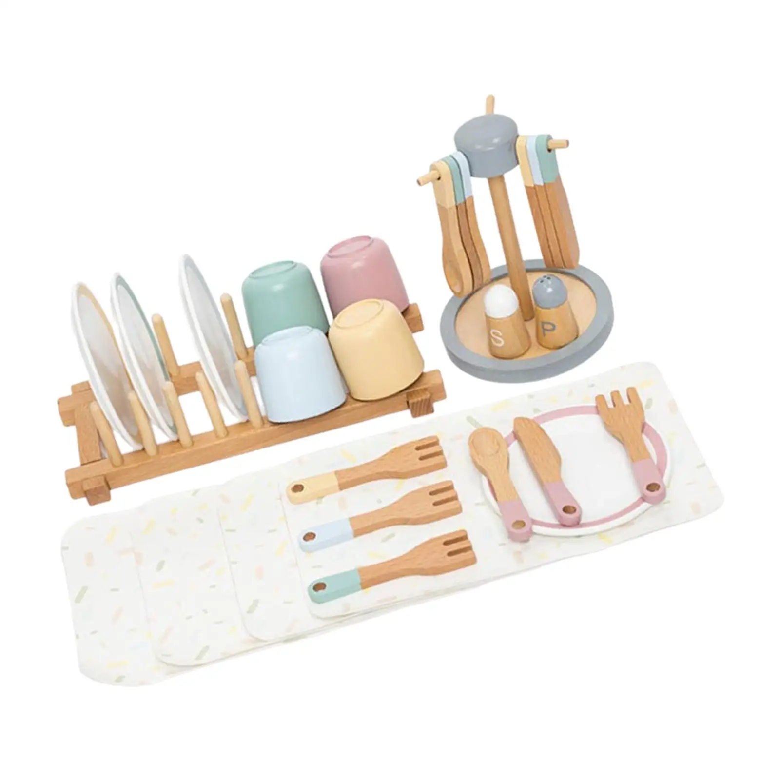 

Wooden Toy Plates Dishes Forks Spoons Life Skills Cups Simulation Wooden Toy