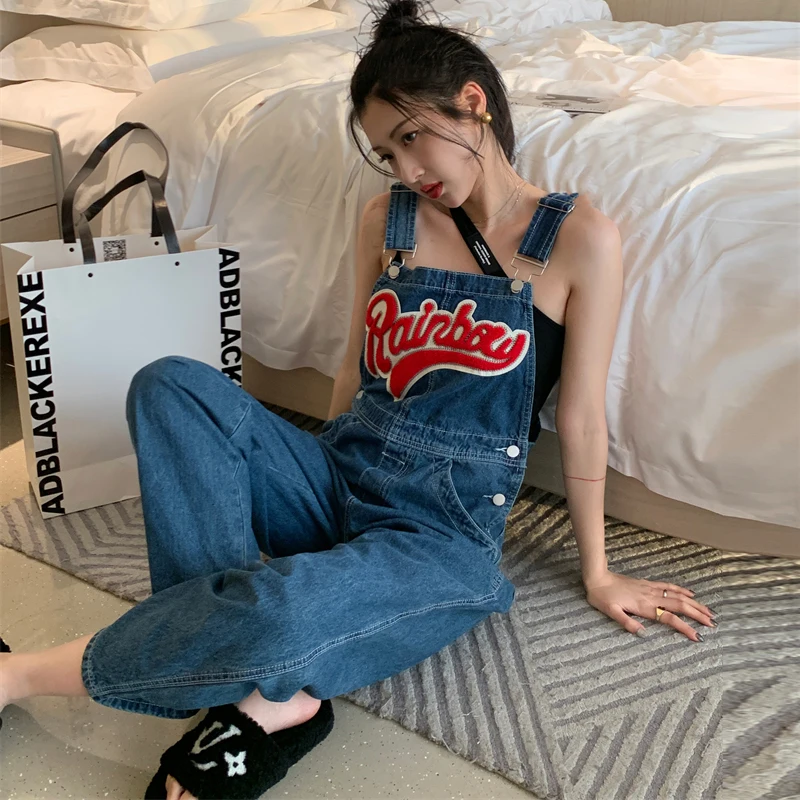 Women's Classic Adjustable Strap Denim Bib Overalls Korean Y2k Denim Jumpsuit Trousers Baggy Dungarees Distressed Jeans Ladies