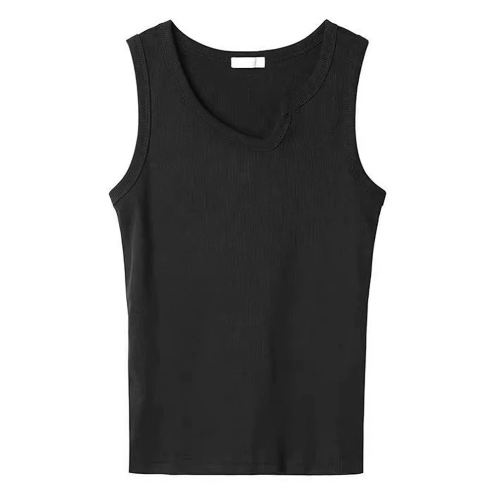 Casual Gatherings 3XL Black Summer Casual Vest Irregular Neck Tank Top Slim Fit Tanks Solid Pattern Vacation Wear