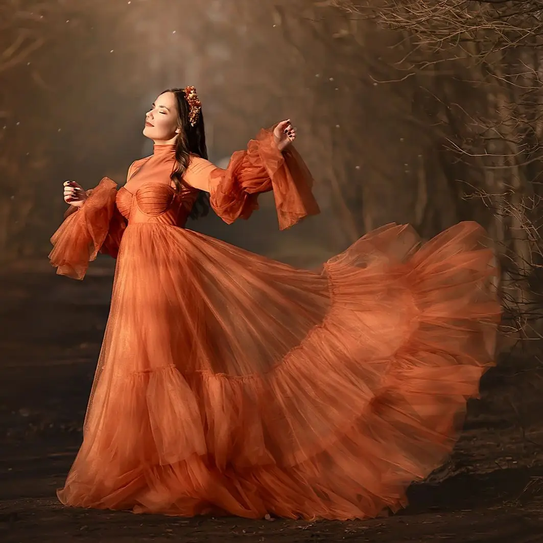 リンダフォトマタニティドレス女性用Aラインチュールフルスリーブガラガウンカスタマイズフロアレングス妊娠中のベビーシャワーガウン