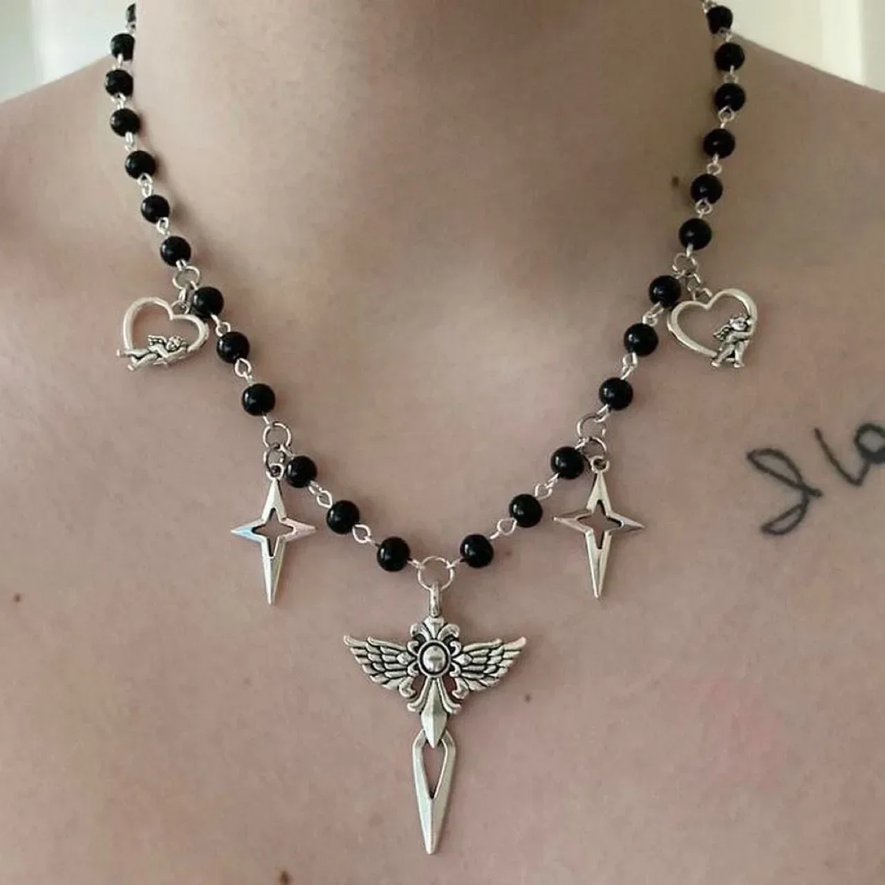 Punk Sard Cross Choker Cool Accessory Angel Heart Pendant Necklace Women Goth Jewelry Egirl Aesthetic Grunge Rock Korean Fashion