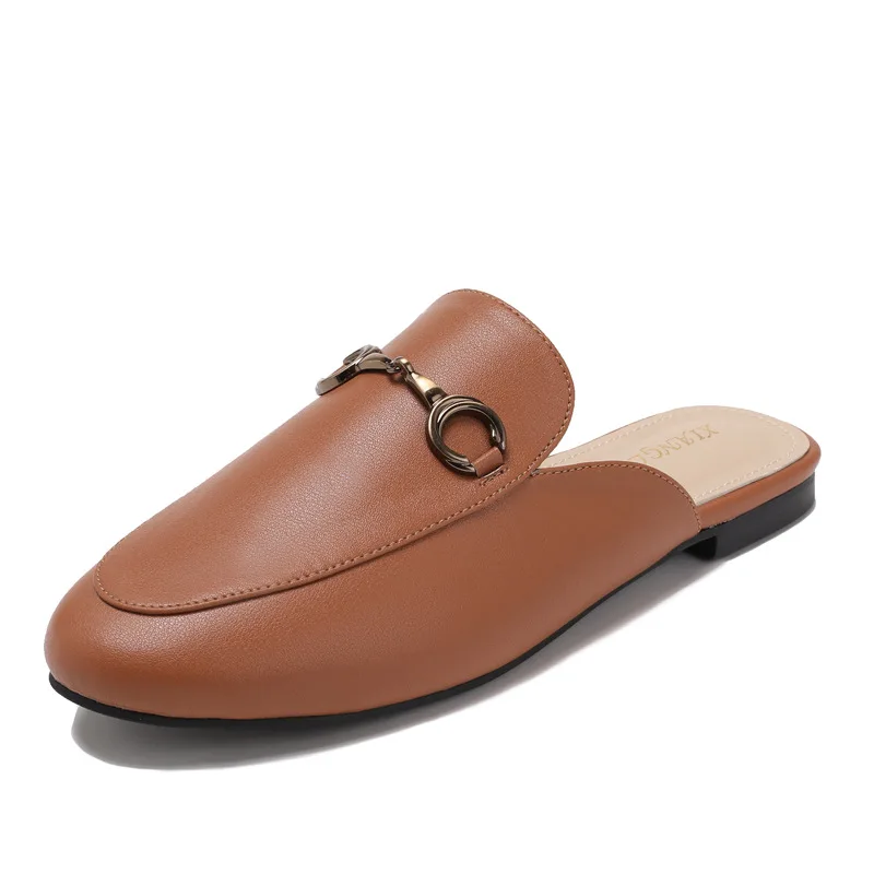 

2025 Spring and Autumn Fashionable Flat bottomed Lazy Man with Horseneck Buckle Baotou Women's Outerwear Cool Slippers H601-1