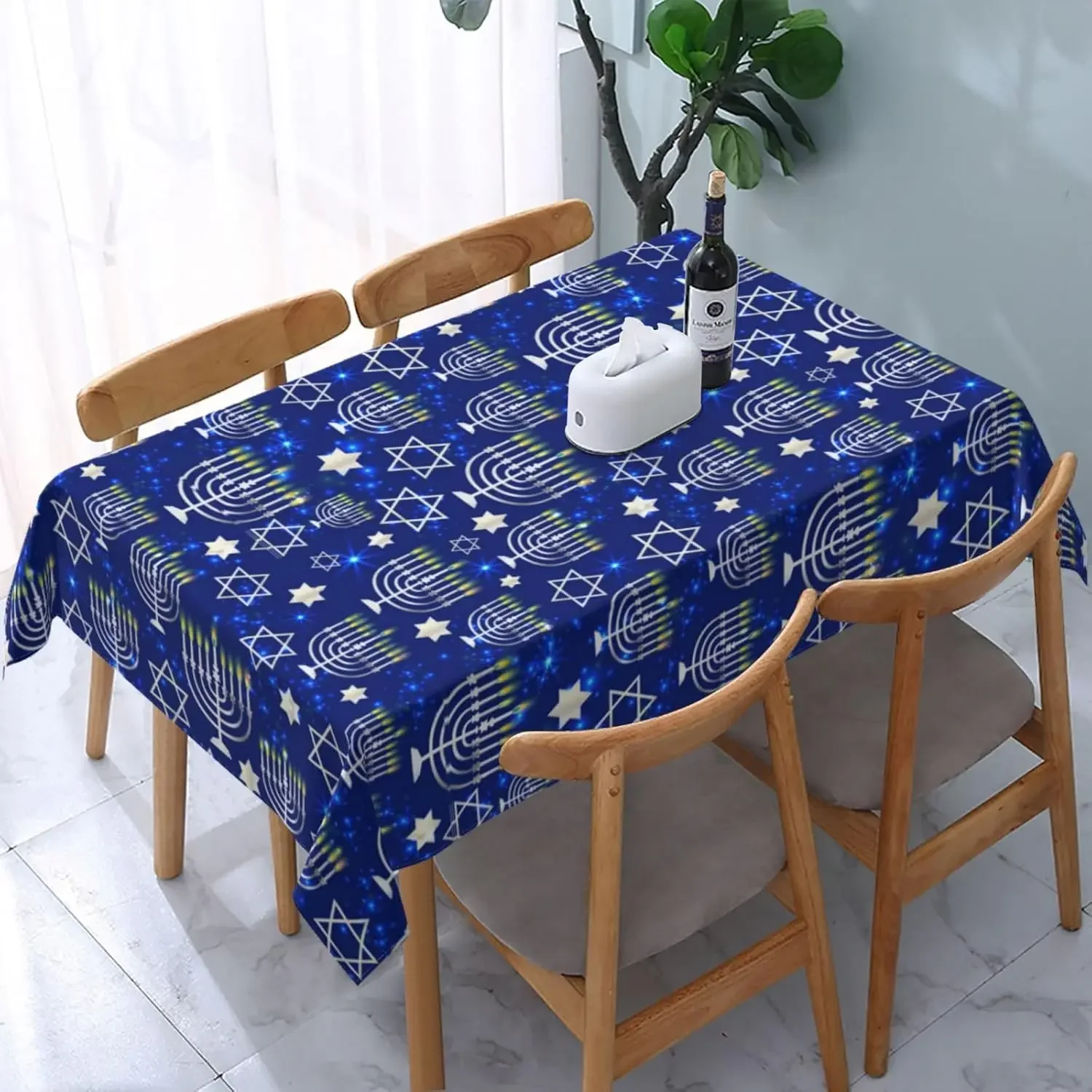 Hanukkah Tablecloth for Jewish Holiday Table Decor Reusable Menorah Star of David Kitchen Dining Tablecloth Hanukkah Decorations
