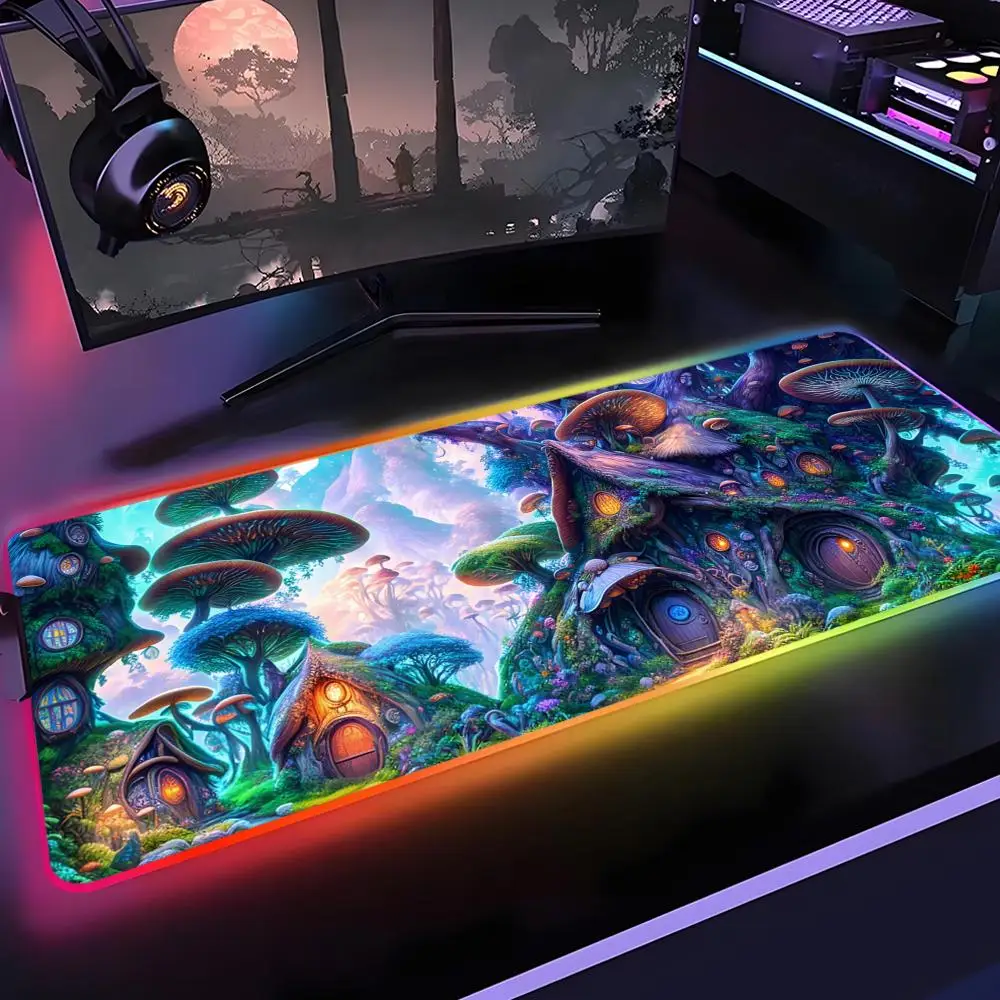 

Fantasy Mushroom Mouse Pad Gamer Rgb Desk Mat Back Light Led Mousepad Setup Gaming Accessories Deskmat Big Mousepepad Backlight