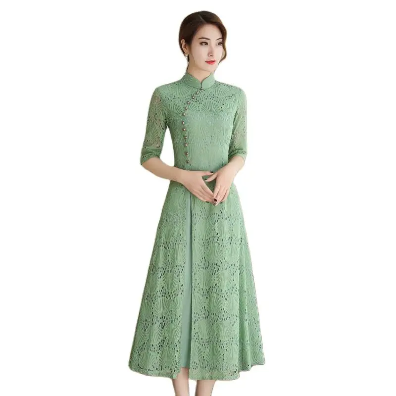 Cheongsam-vestido de encaje con manga de cinco puntos, traje largo de ambiente elegante, primavera y verano, novedad de 2023