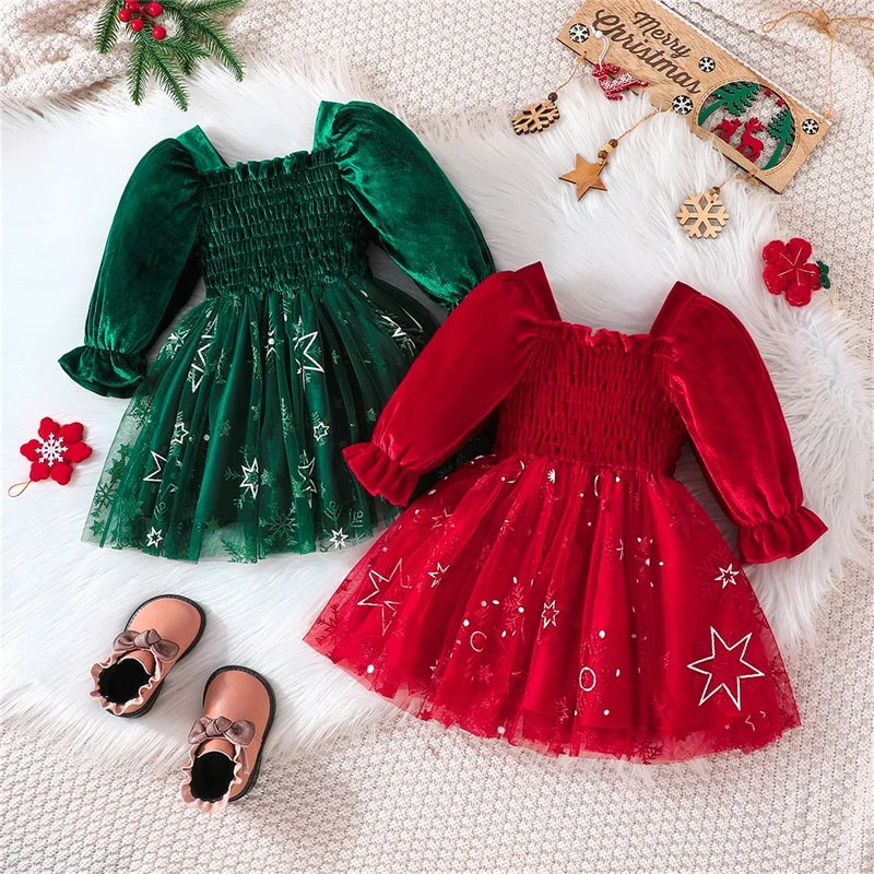 0-5t Christmas Kids Girl Dress Star Snowflake Print Shirred Square Neck Ruffle Sleeve Tulle Dress